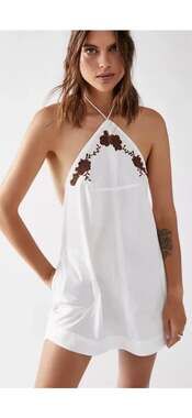 Free People Mia Floral Embroidered Halter Tie Back Tunic Top Size S White